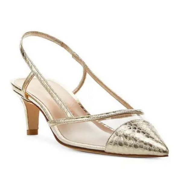 Stuart Weitzman Slingback Size 9 NEW Gold Metallic Kitten Heel Designer FLAW - Picture 1 of 14